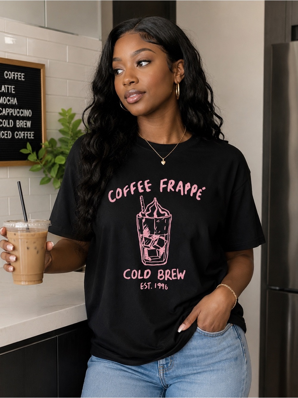 Primark Black Tee with Pink Coffee Frappe Graphic size Medium